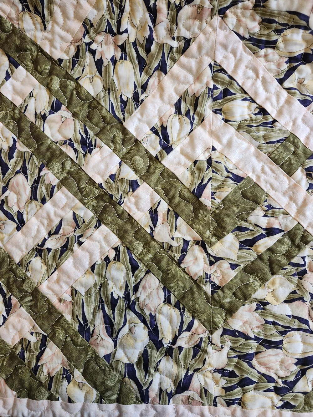 Floral Tulip Quilted Wall Hanging Or Throw. Pink And Olive.